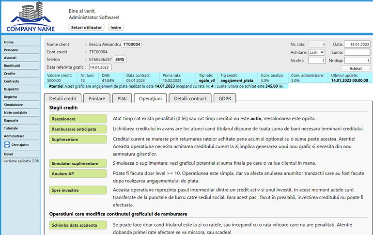Captura din aplicatia CAR: Operatiunile creditului, explicate in pagina