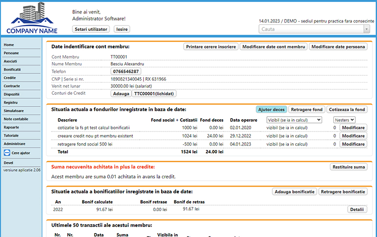 Captura din aplicatia CAR: situatia membrului, cu fonduri, credite si bonificatii