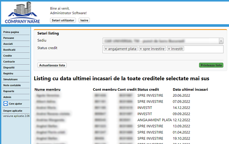 Captura din aplicatia CAR: Listinguri: ultima incasare pe fiecare credit